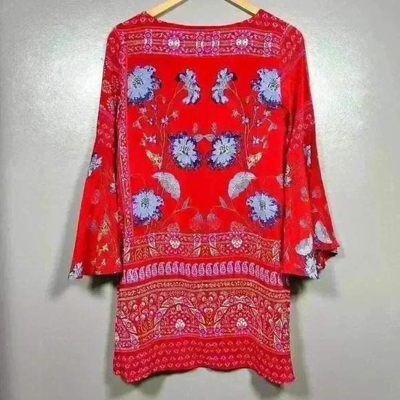 VANESSA VIRGINIA Red Bell Sleeve 100% Silk Peasant Dress Flowy Relaxed Women 4P - Picture 11 of 12